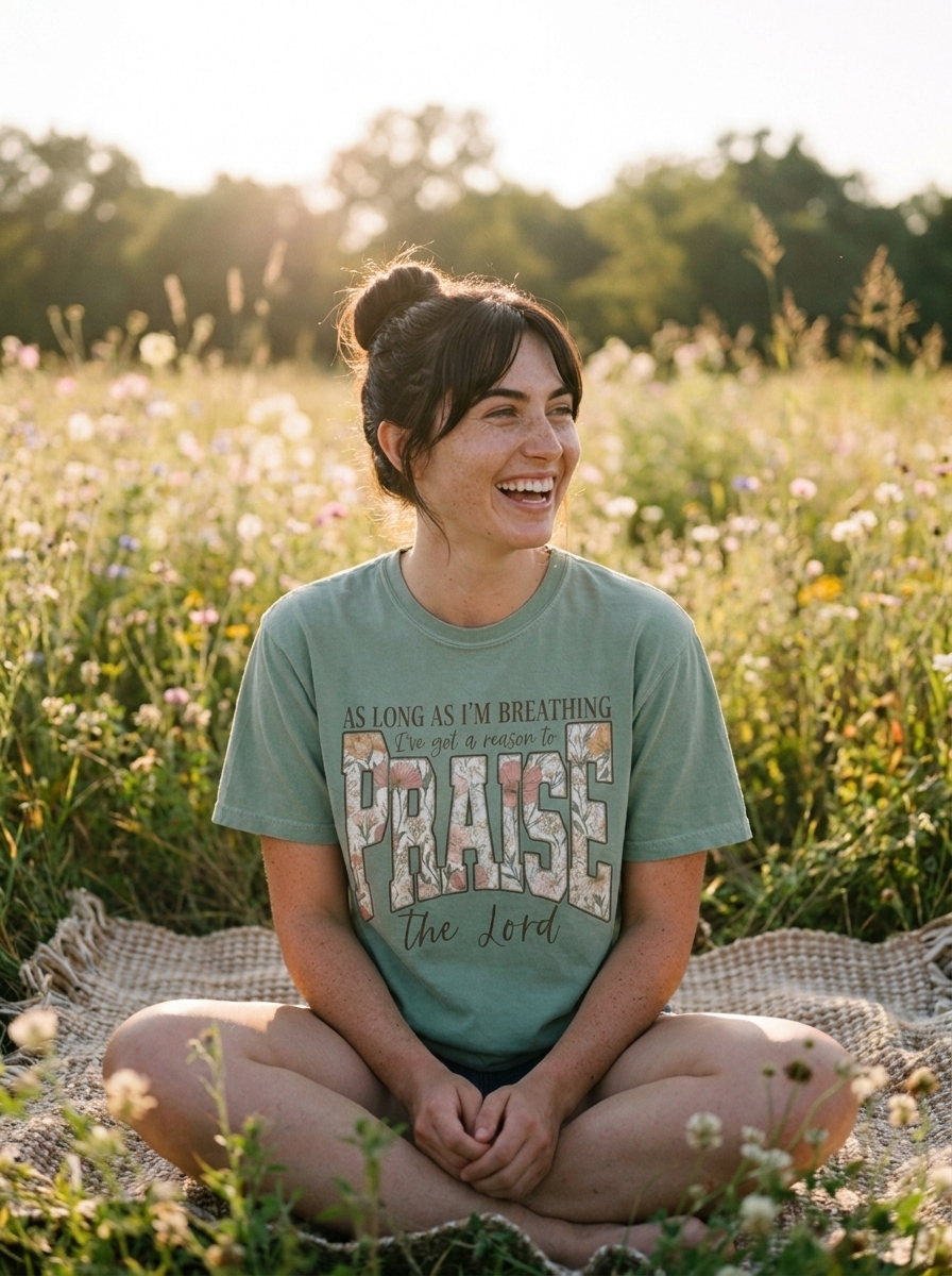Reason To Praise tee worn, sage green Comfort Colors heavyweight cotton