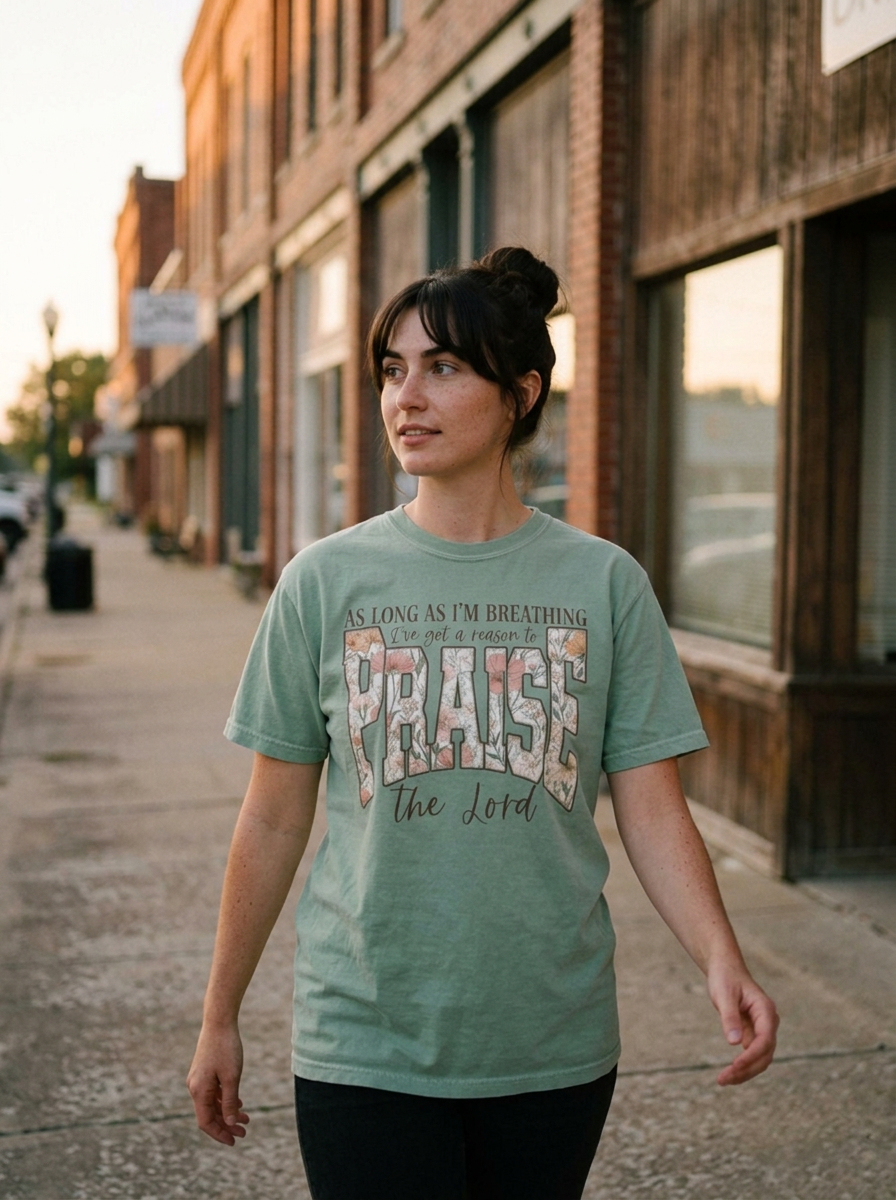 Reason To Praise shirt, as long as I am breathing, floral type on sage