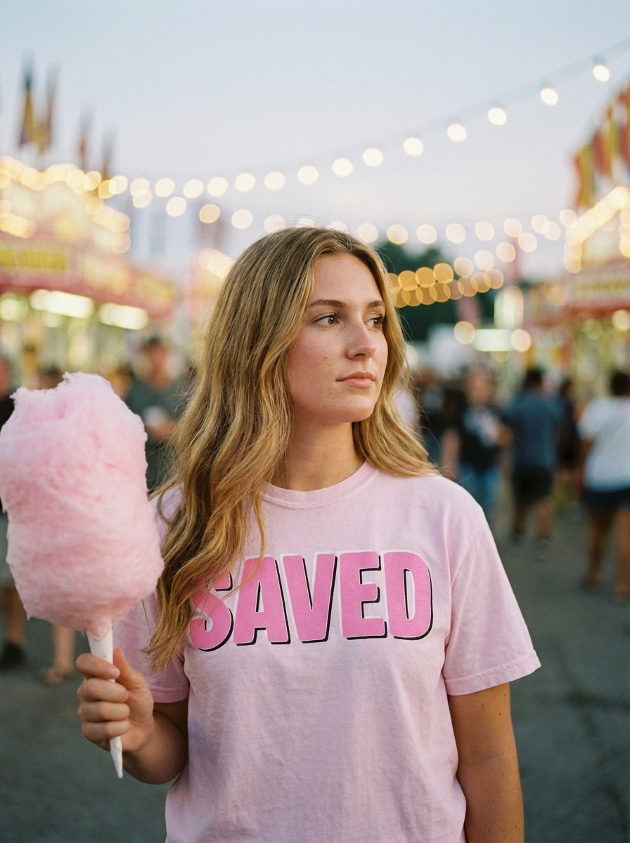 Saved Christian shirt, bold pink lettering on light pink cotton