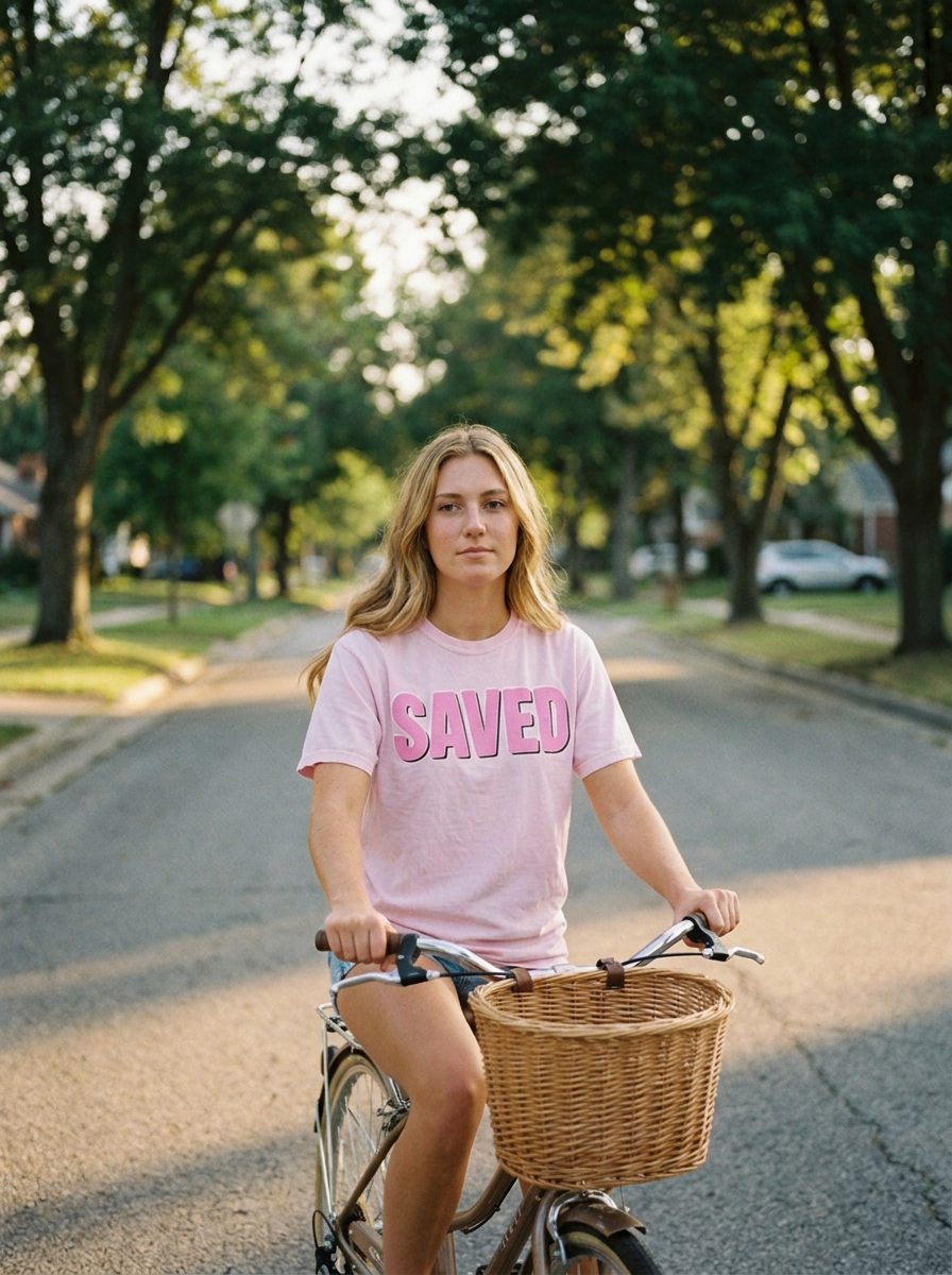 Saved shirt worn, bold pink bubble letters on a light pink tee
