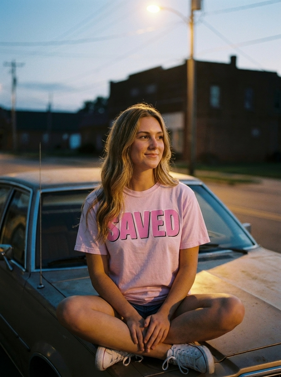 Saved tee worn, bubble letter print on light pink