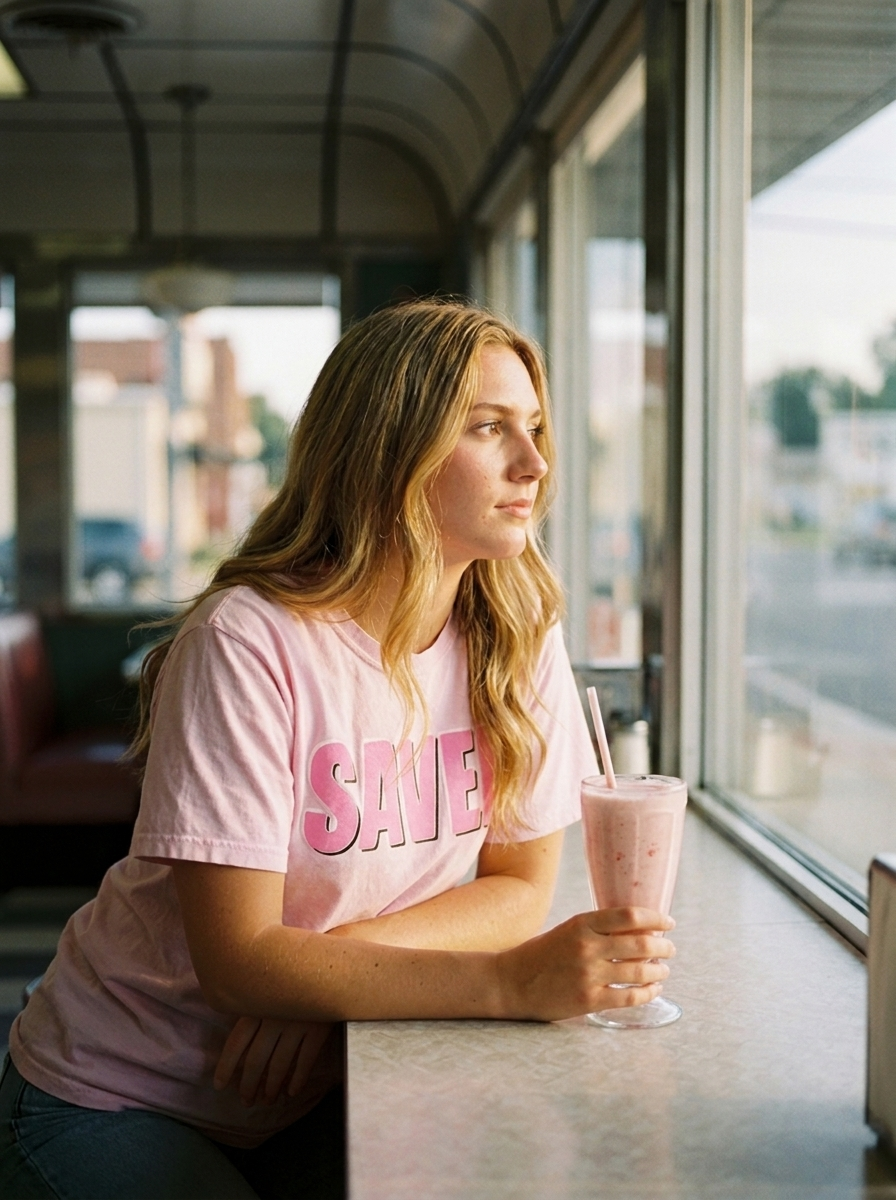 Saved shirt, pink bubble type on garment dyed light pink