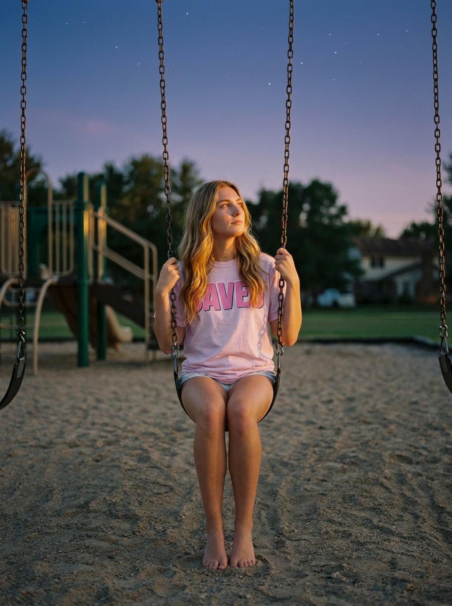Saved Christian tee, pink bubble lettering on light pink