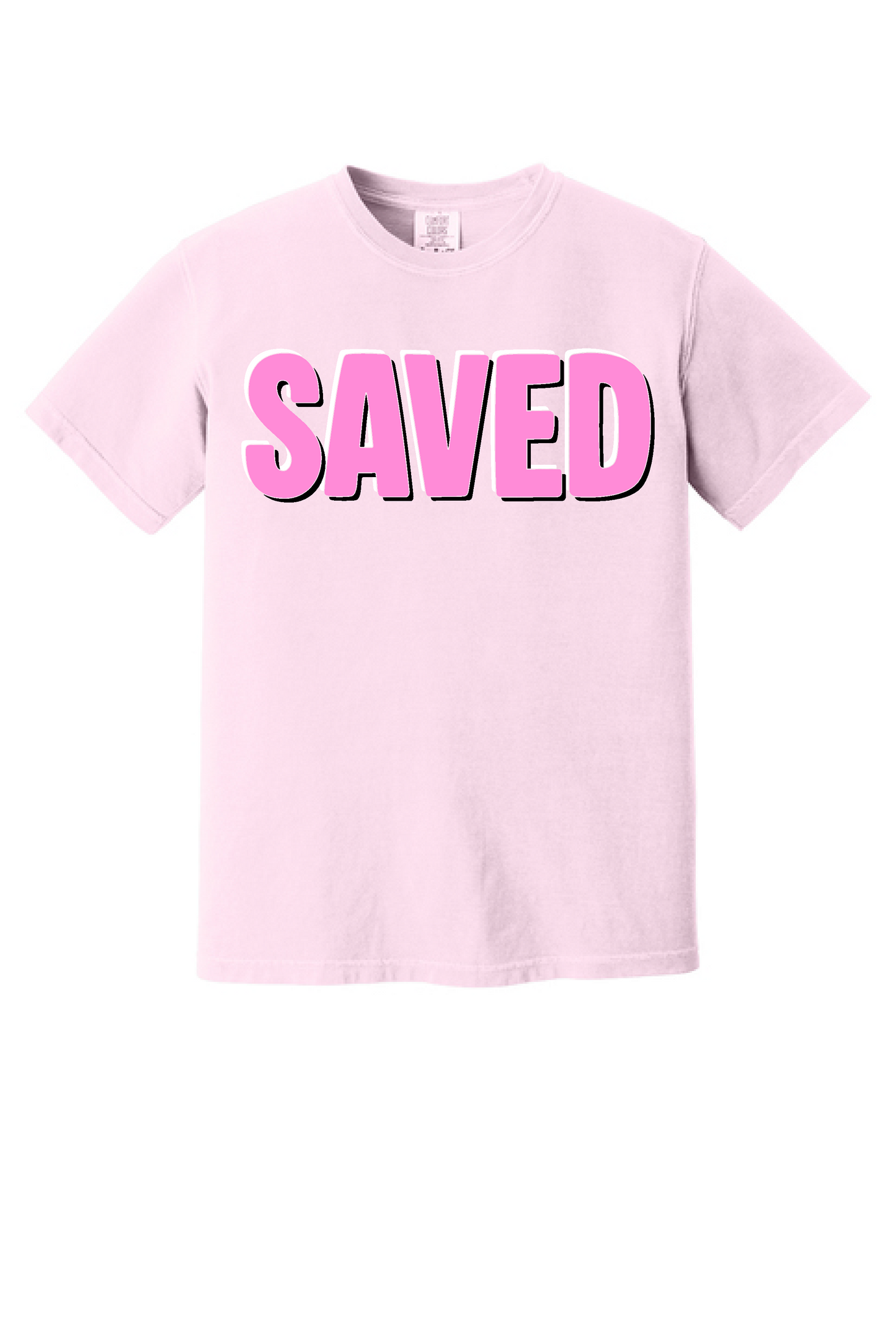 Saved shirt, flat front view, bold pink bubble letters on light pink