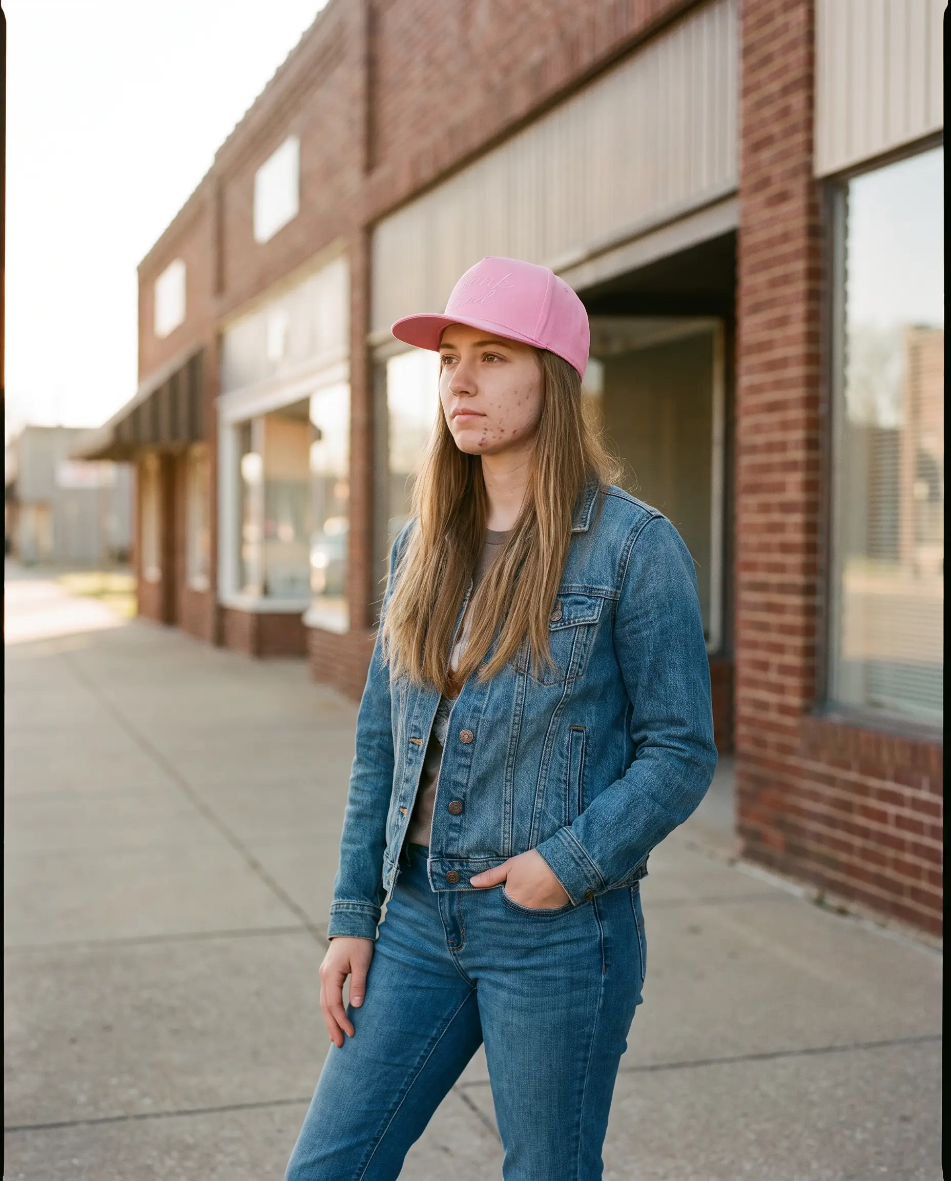 Model wearing the Thank God Script Hat, Pink on Pink, second view