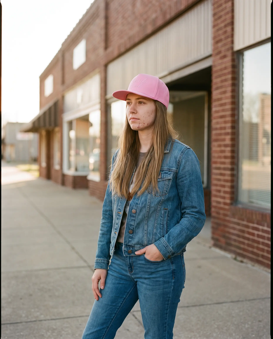 Model wearing the Thank God Script Hat, Pink on Pink, second view