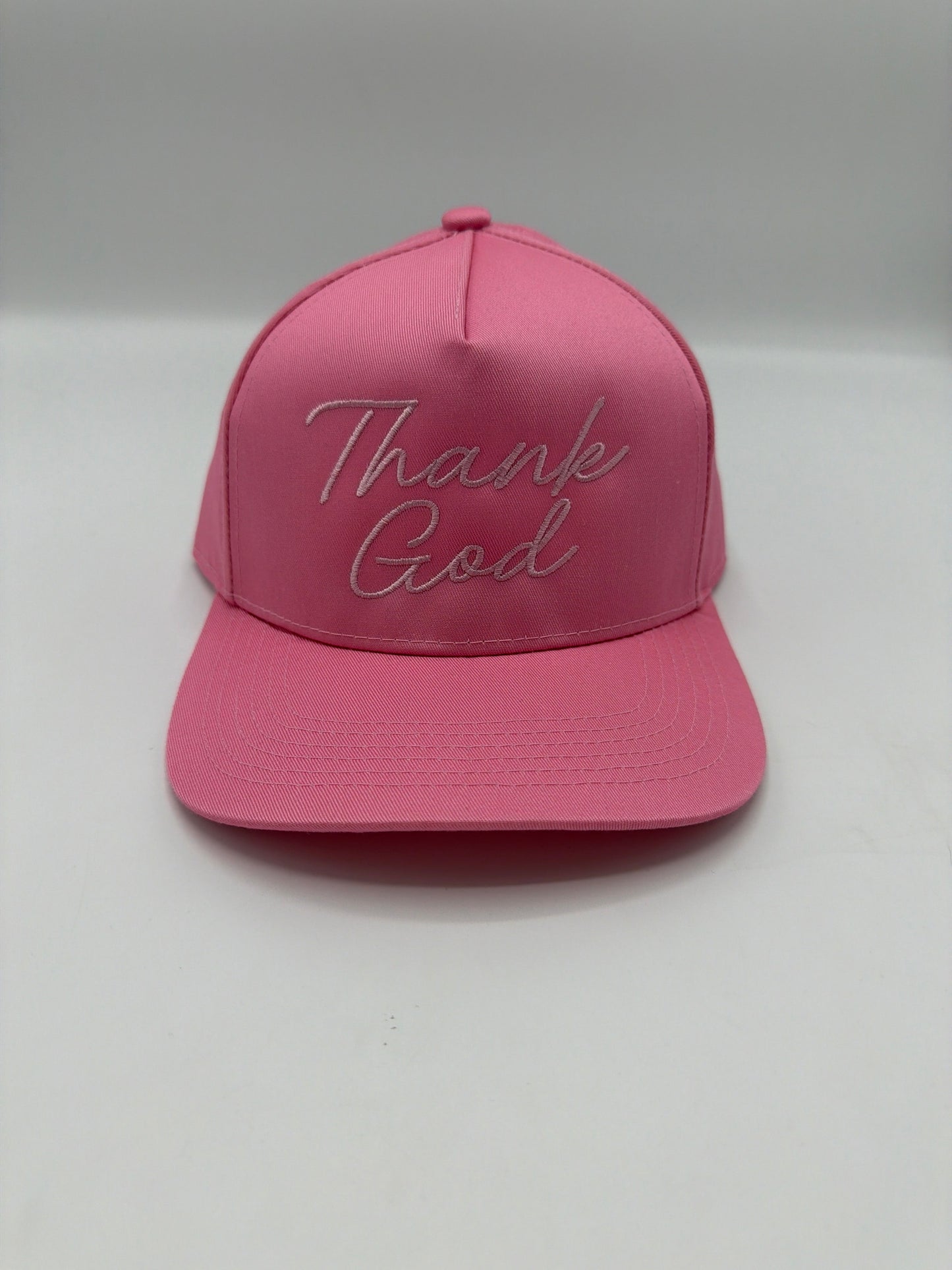 Thank God in tonal pale pink script on a bubblegum pink five panel snapback