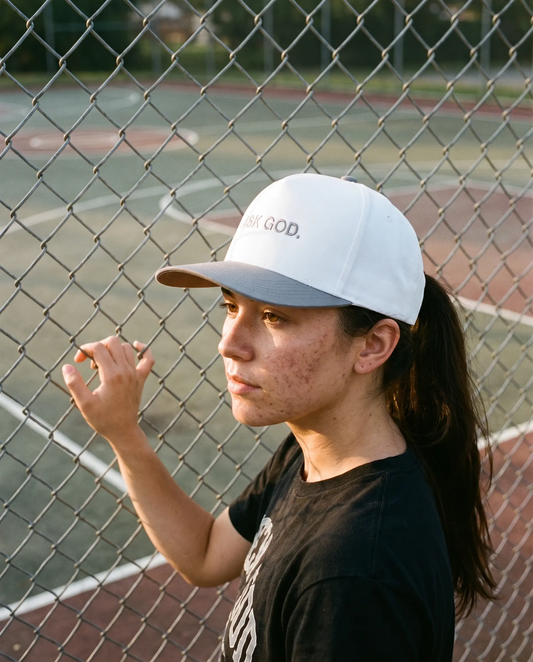 Model wearing the Ask God Hat, White and Grey, second view