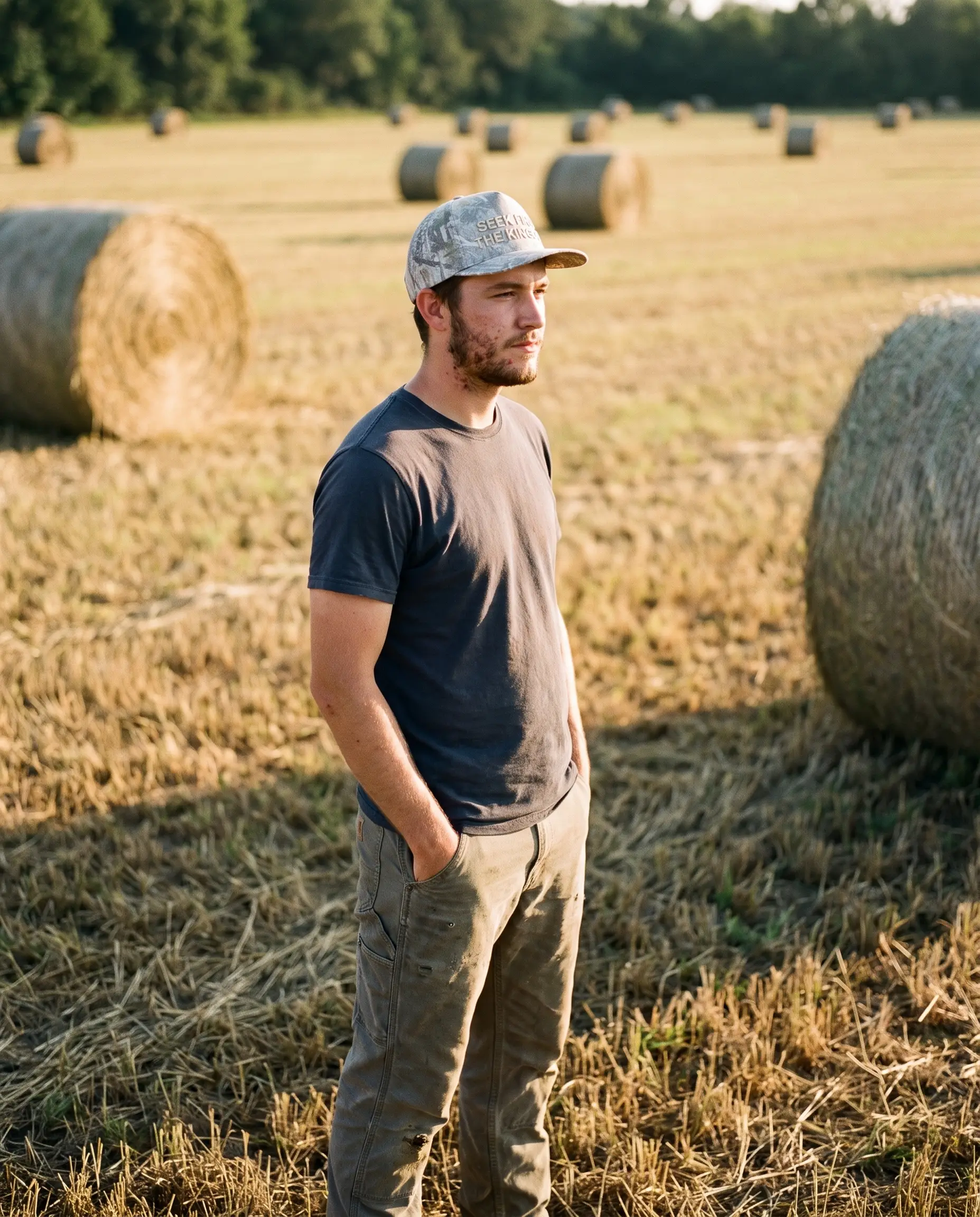 Model wearing the Seek First The Kingdom Hat, Camo, second view