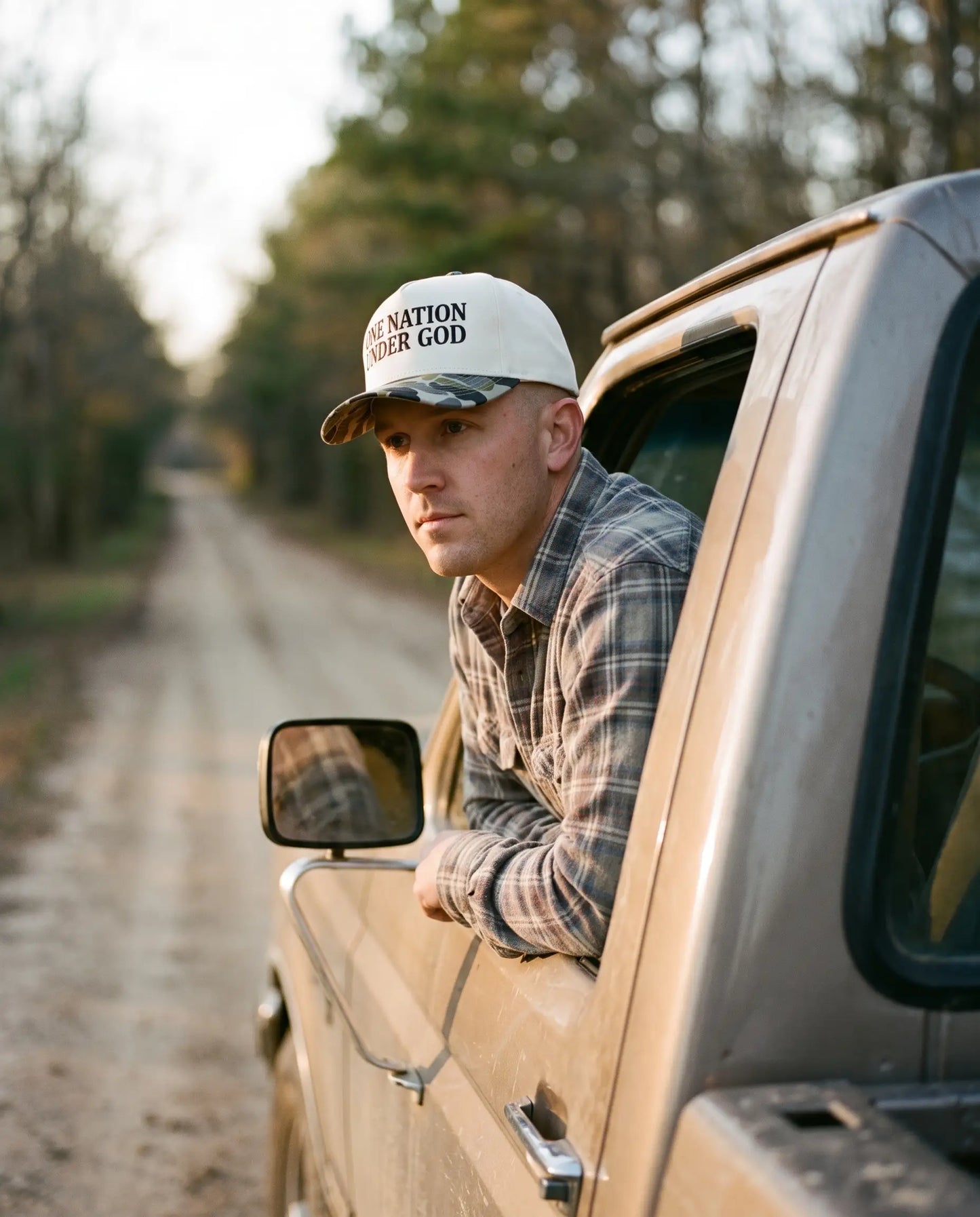 Model wearing the One Nation Under God Hat, Serif