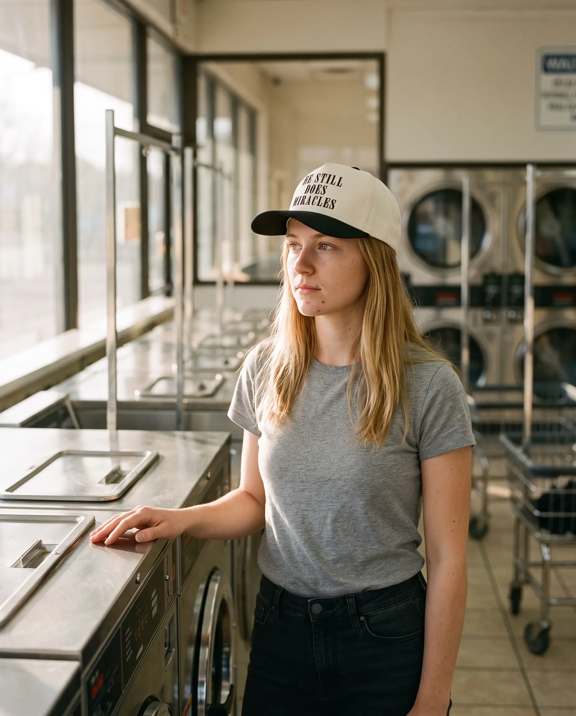 Model wearing the He Still Does Miracles Hat, Black, second view