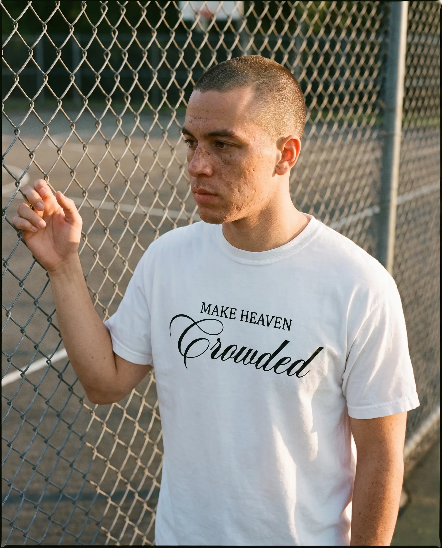Model wearing the Make Heaven Crowded Shirt, White