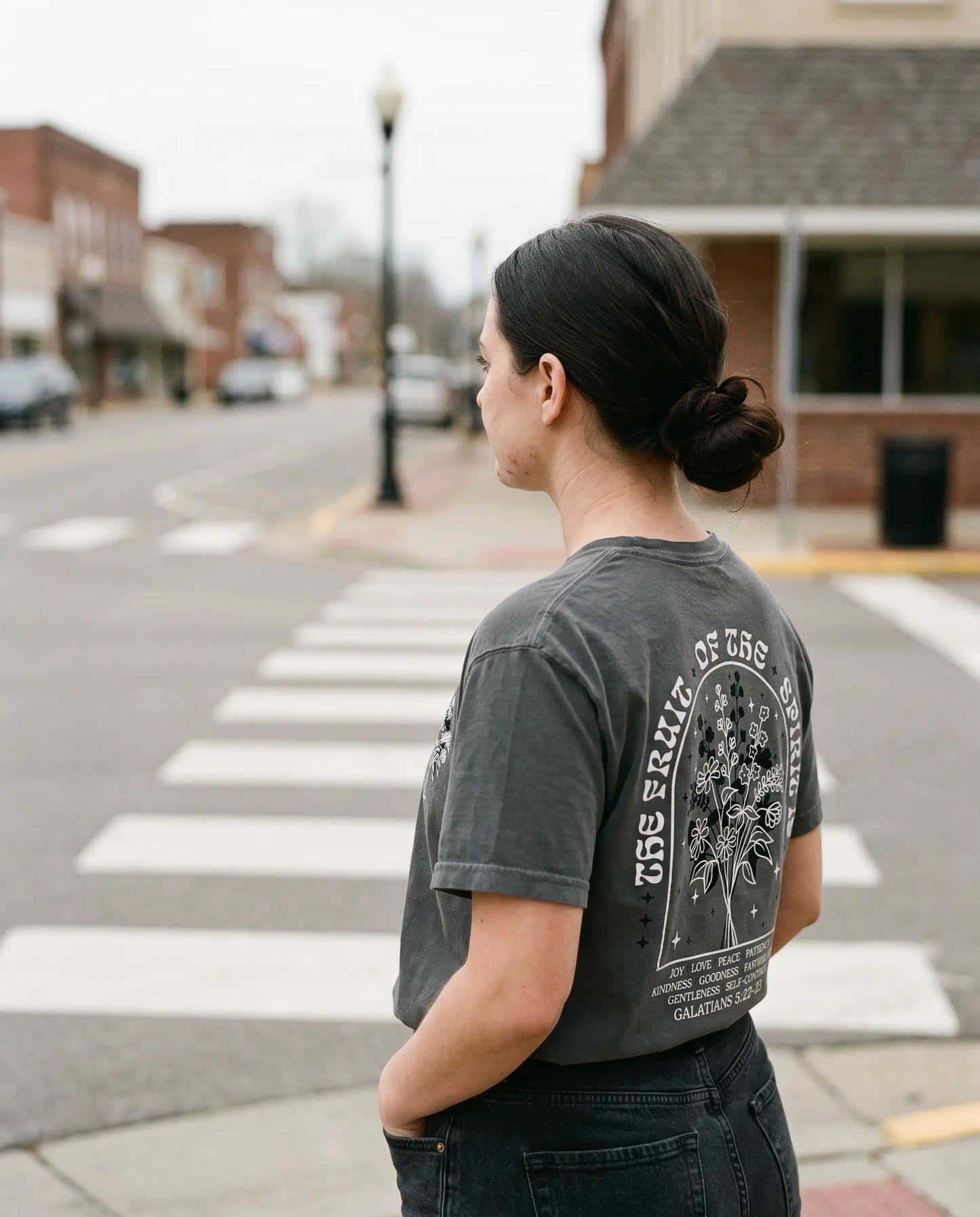Model wearing the Fruit Of The Spirit Shirt, Pepper