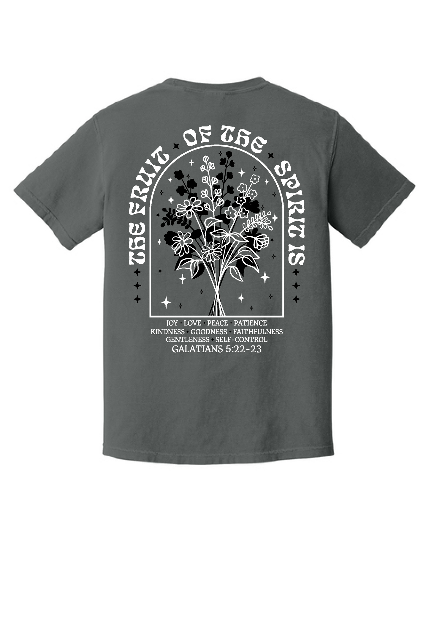 Fruit Of The Spirit shirt back print, Galatians 5:22-23, on charcoal