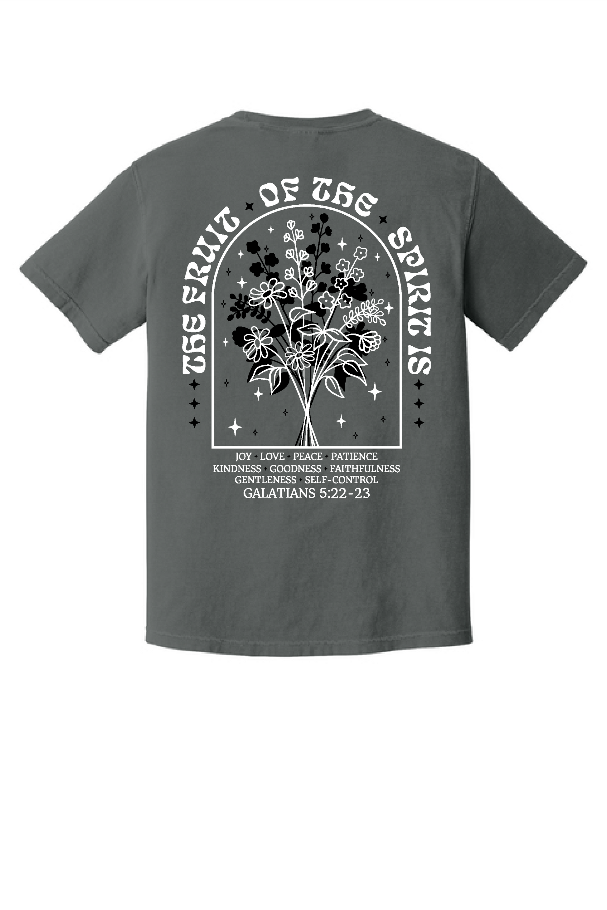 Fruit Of The Spirit shirt back print, Galatians 5:22-23, on charcoal