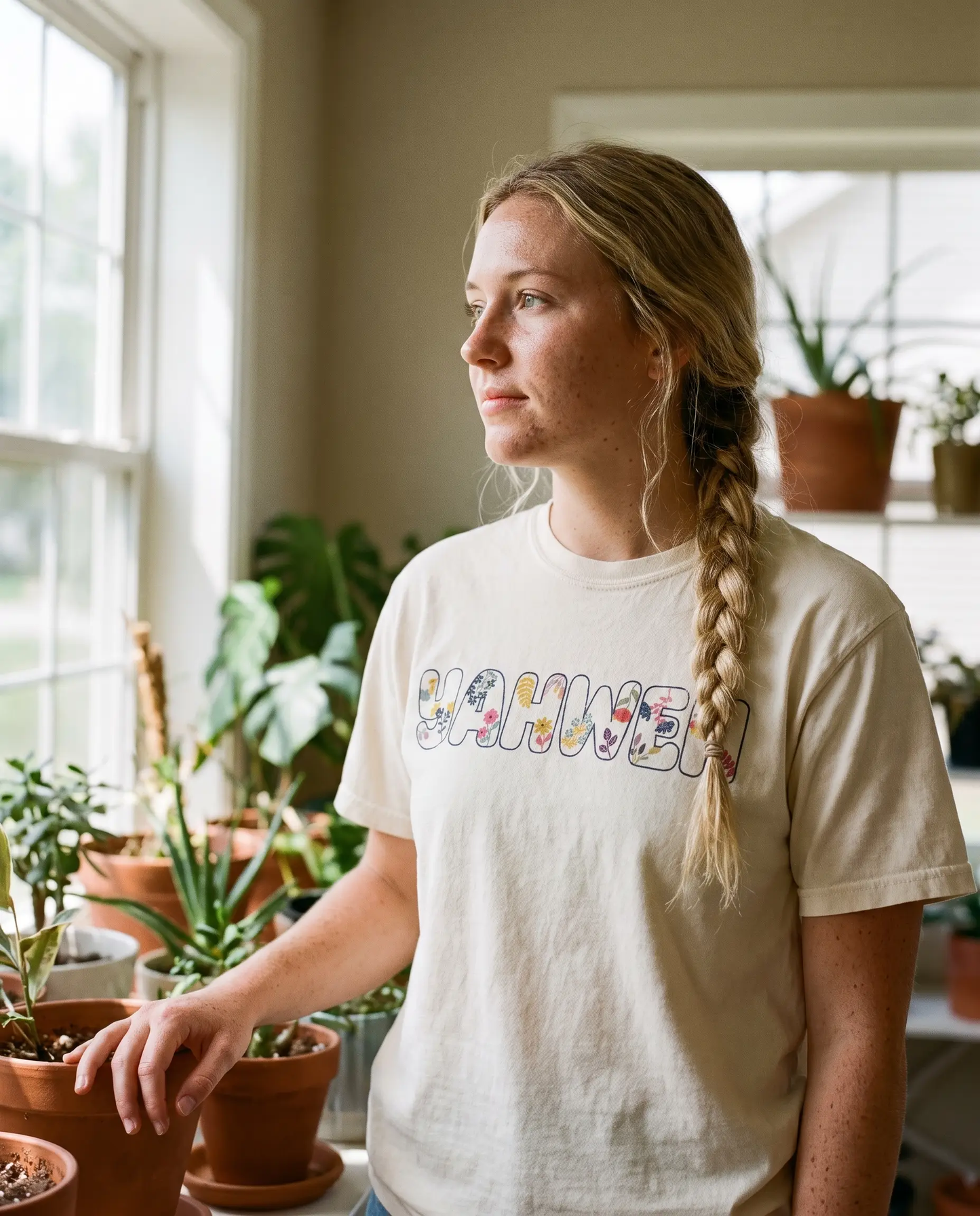 Model wearing the Yahweh Shirt, Floral