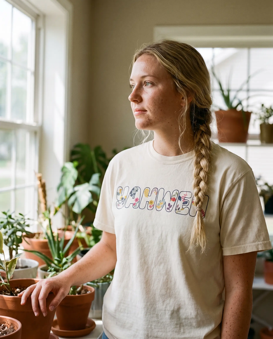 Model wearing the Yahweh Shirt, Floral