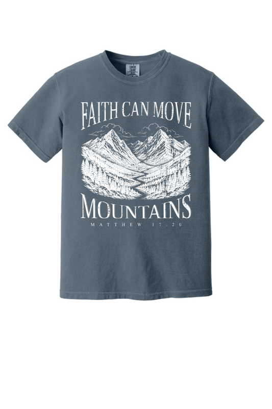 Faith Can Move Mountains shirt on denim blue, Christian tee