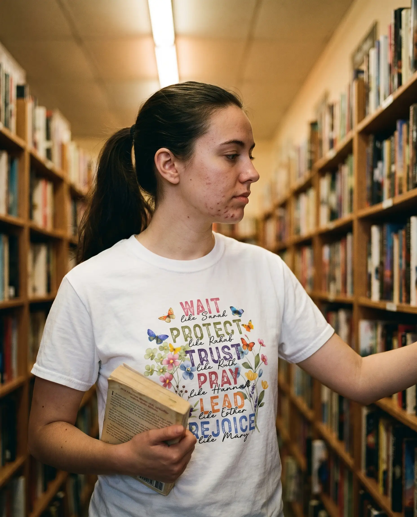 Model wearing the Women Of The Bible Shirt