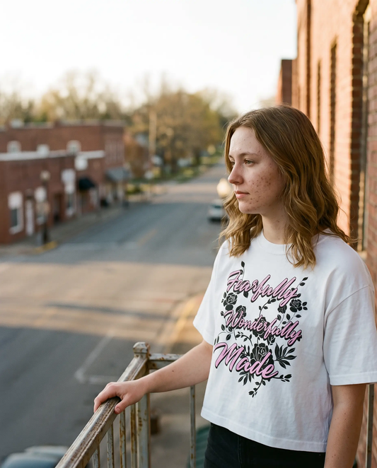 Model wearing the Fearfully Wonderfully Made Shirt