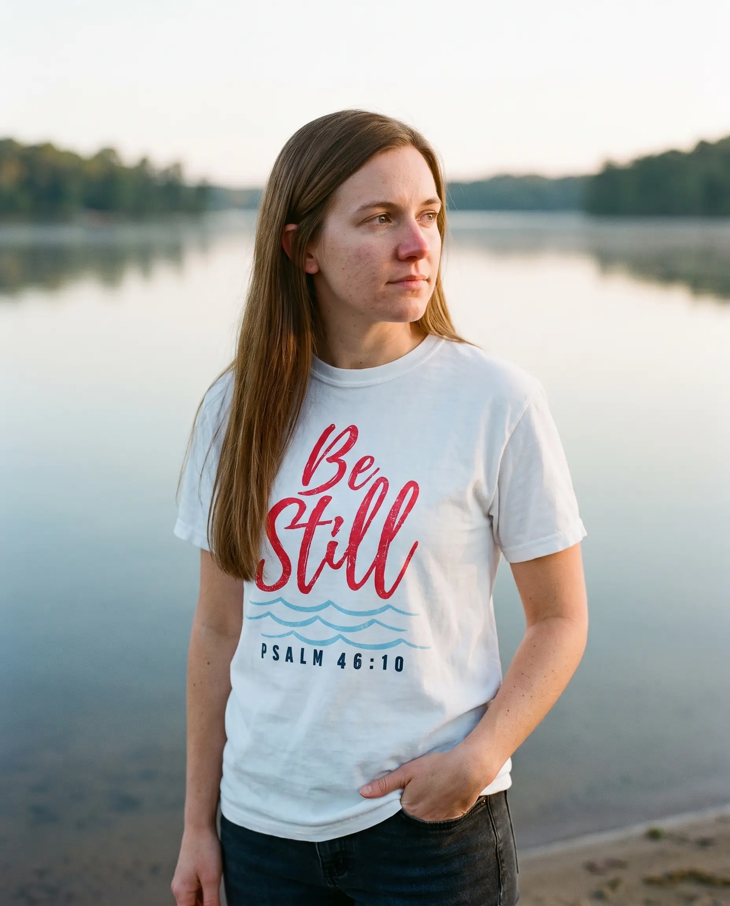 Model wearing the Be Still Shirt