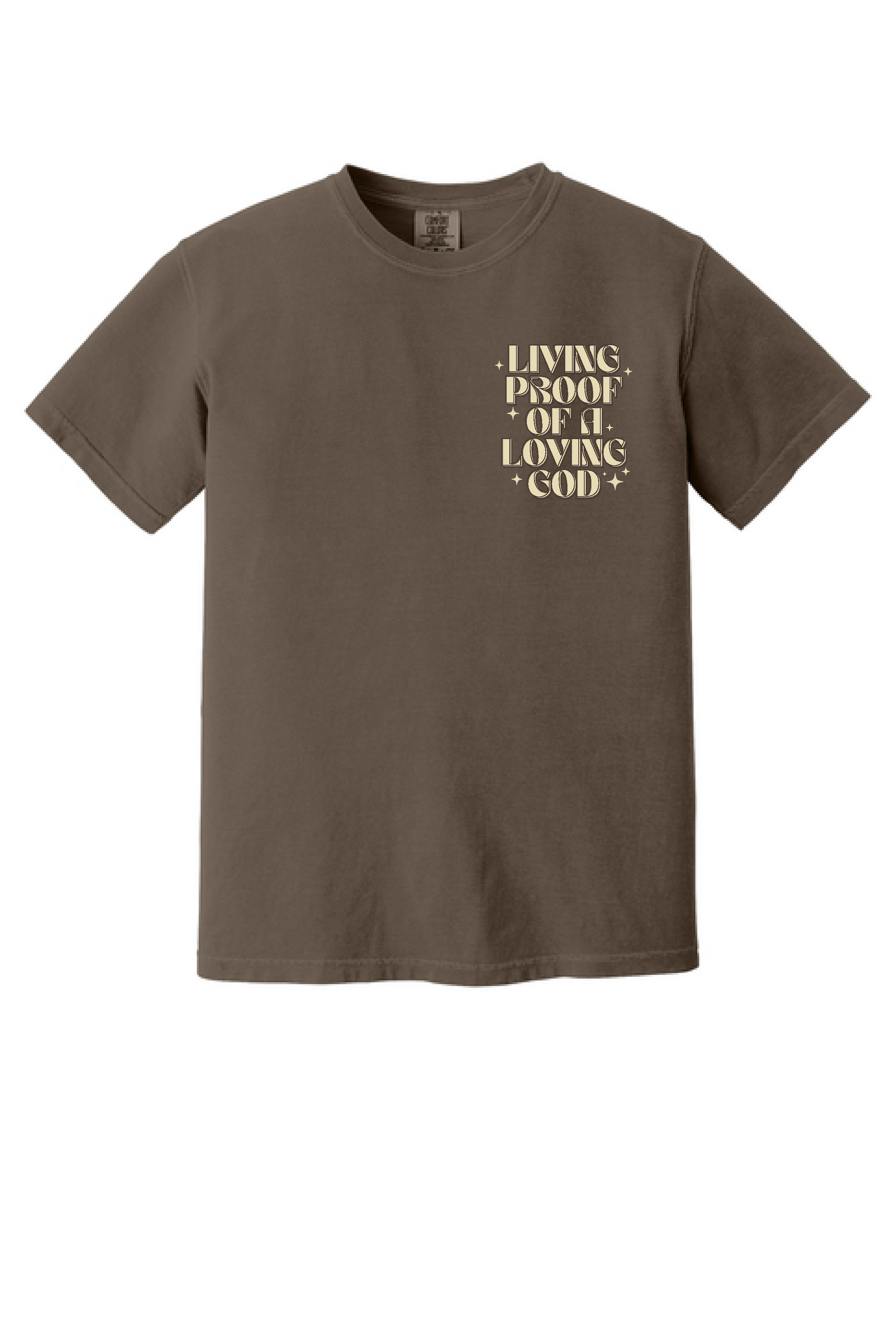 Living Proof shirt front print, 1 John 4:9 Christian tee