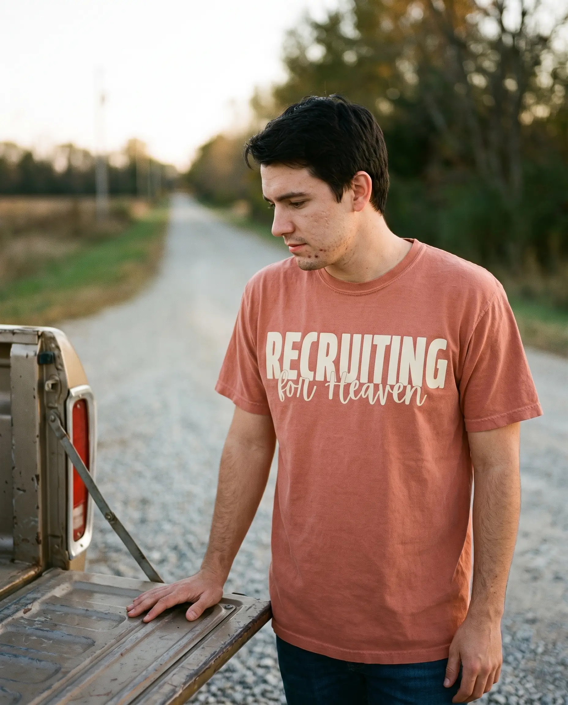 Model wearing the Recruiting For Heaven Shirt