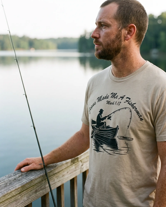 Model wearing the Jesus Made Me A Fisherman Shirt