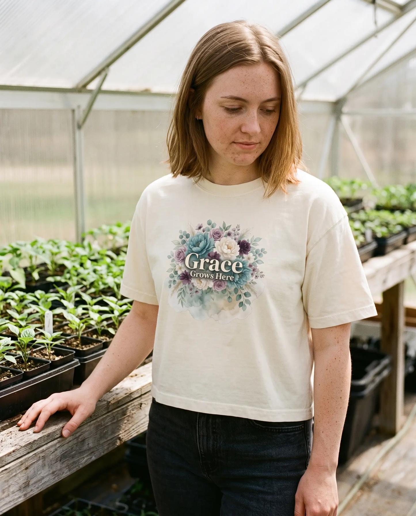 Model wearing the Grace Grows Here Shirt