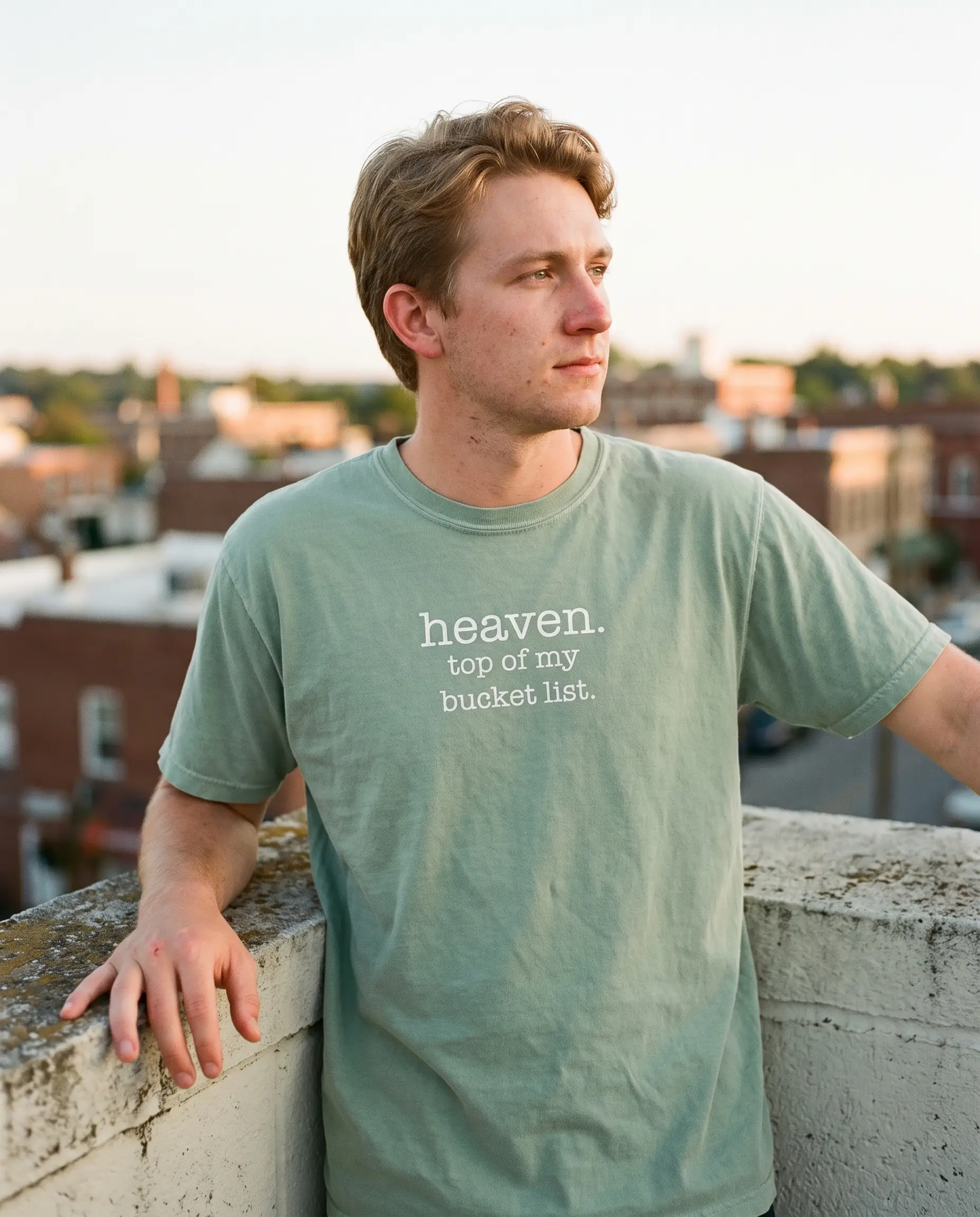 Model wearing the Heaven Bucket List Shirt