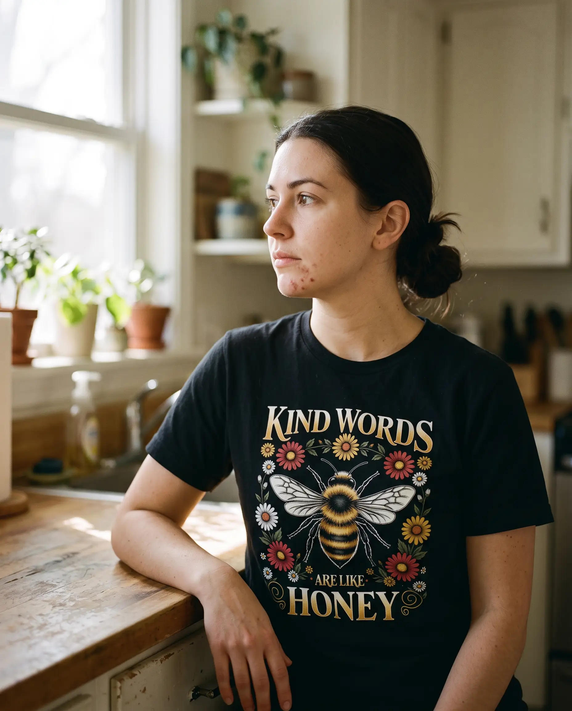 Model wearing the Kind Words Are Like Honey Shirt