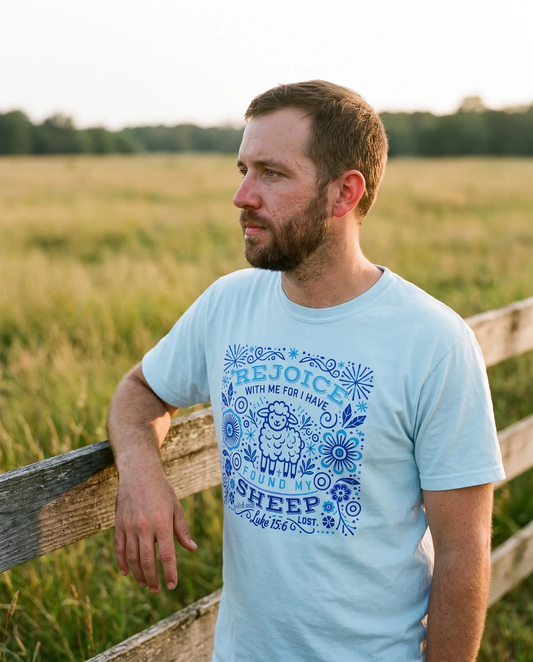 Model wearing the Found My Sheep Shirt