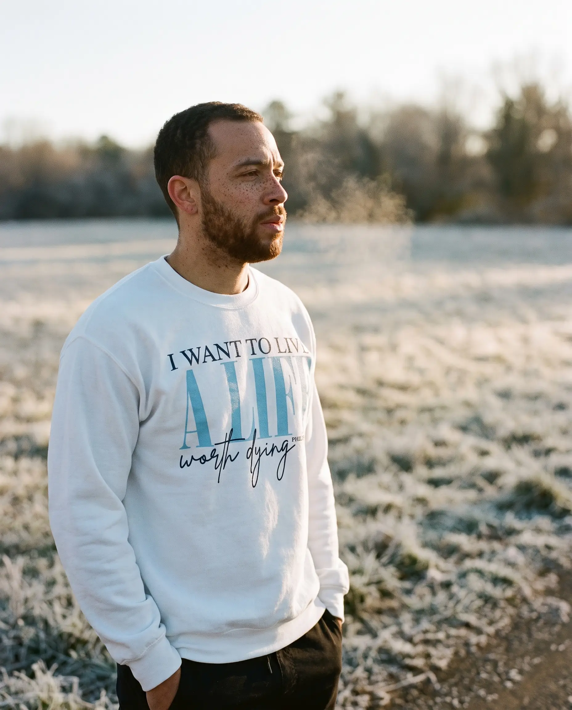 Model wearing the A Life Worth Dying Crewneck