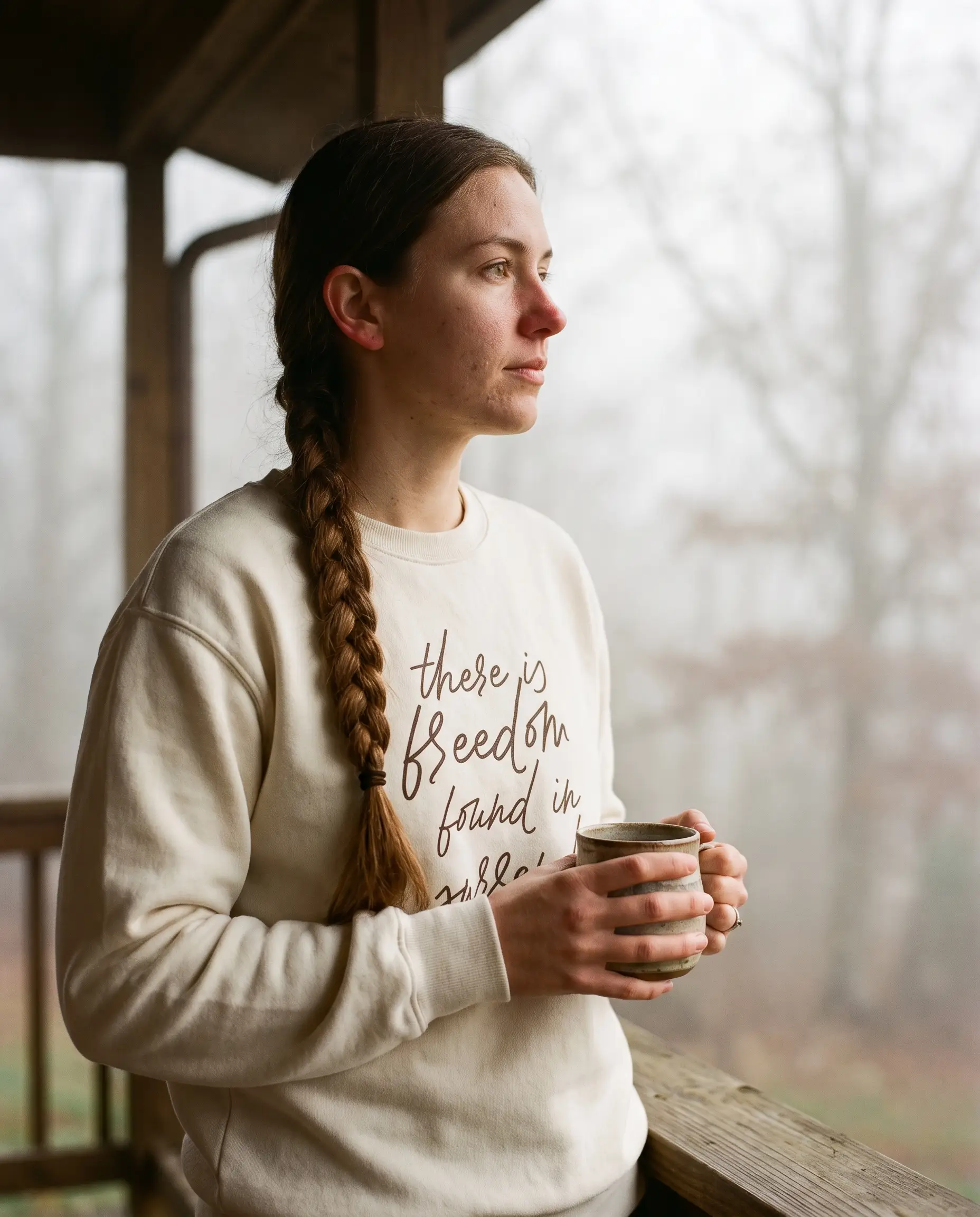 Model wearing the Freedom Found In Surrender Crewneck