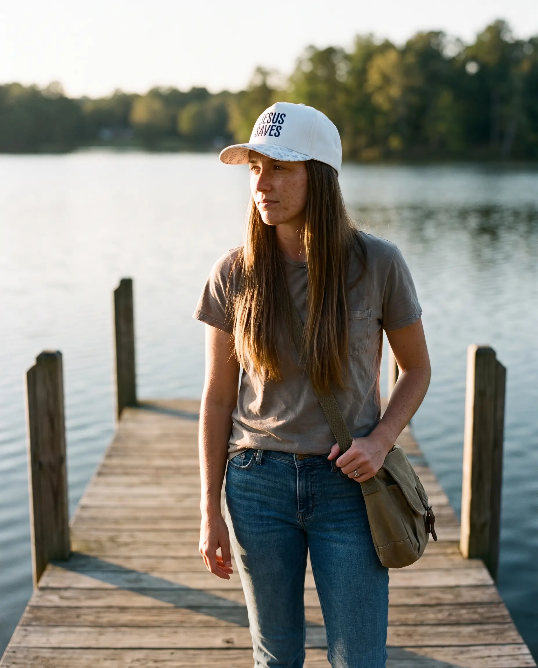 Model wearing the Jesus Saves Hat, Blue Floral, second view