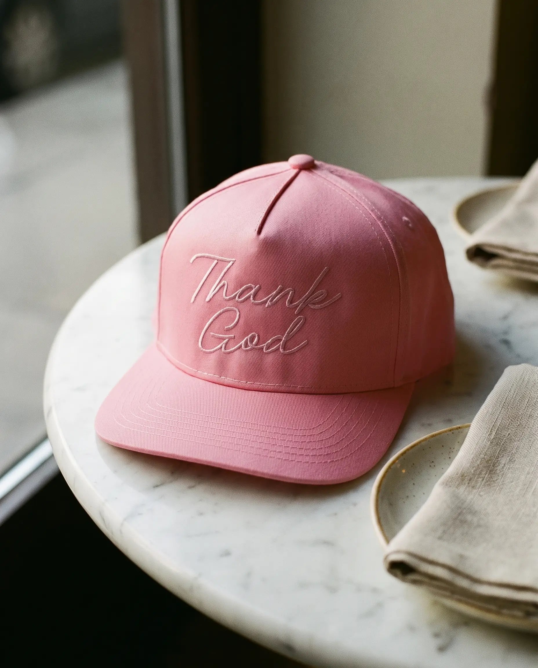 Thank God Script Hat, Pink on Pink product shot