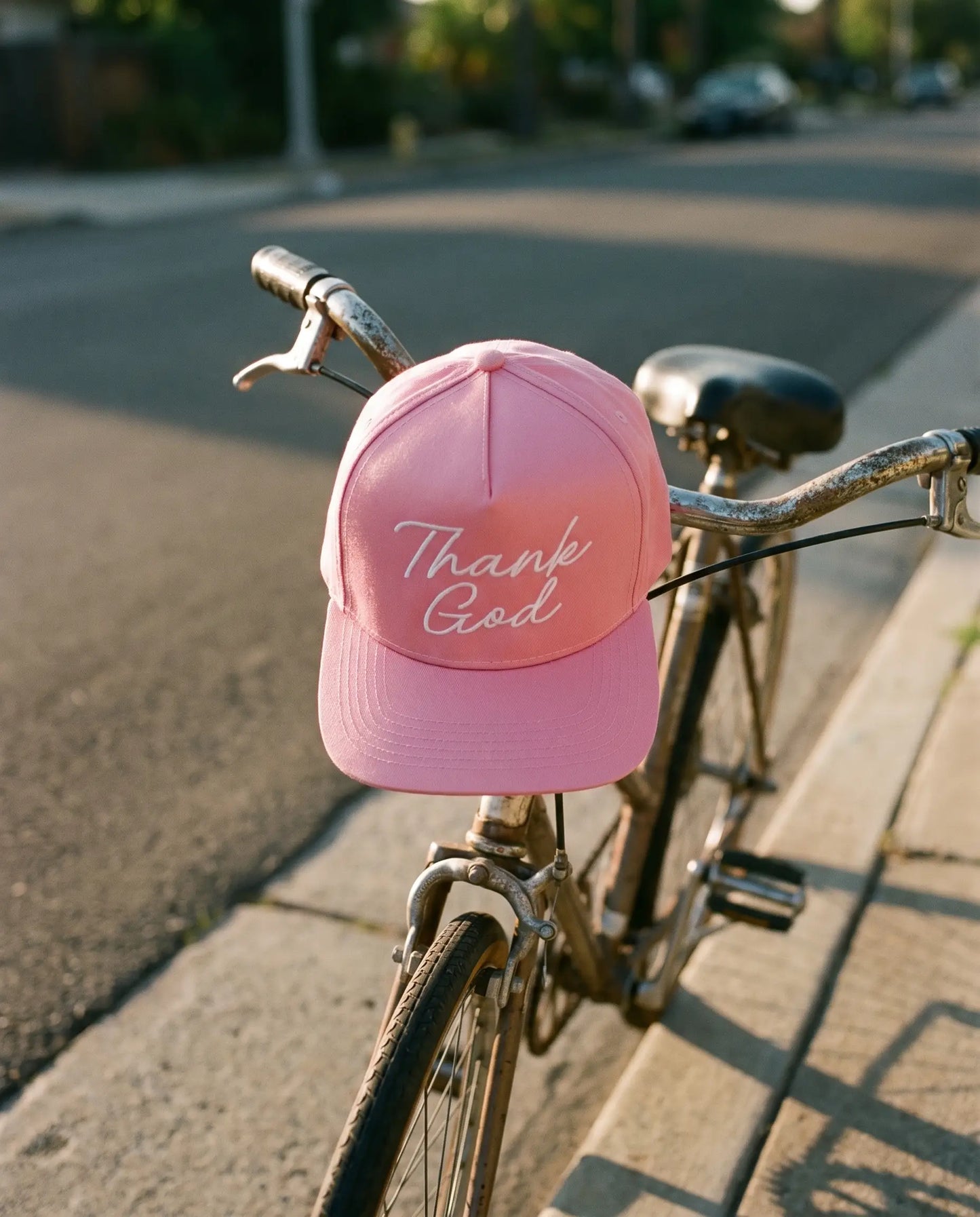 Thank God Script Hat, White on Pink product shot