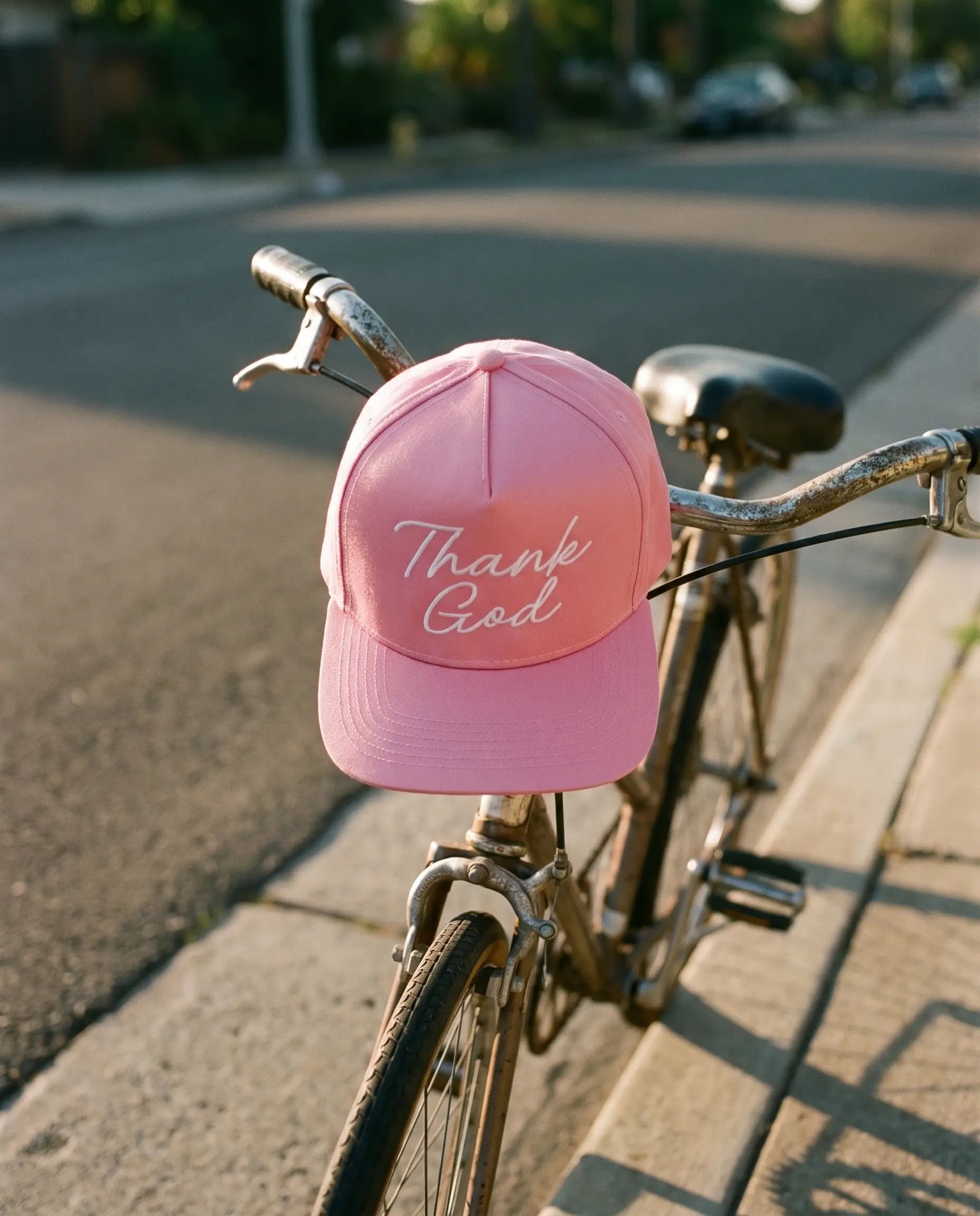 Thank God Script Hat, White on Pink product shot
