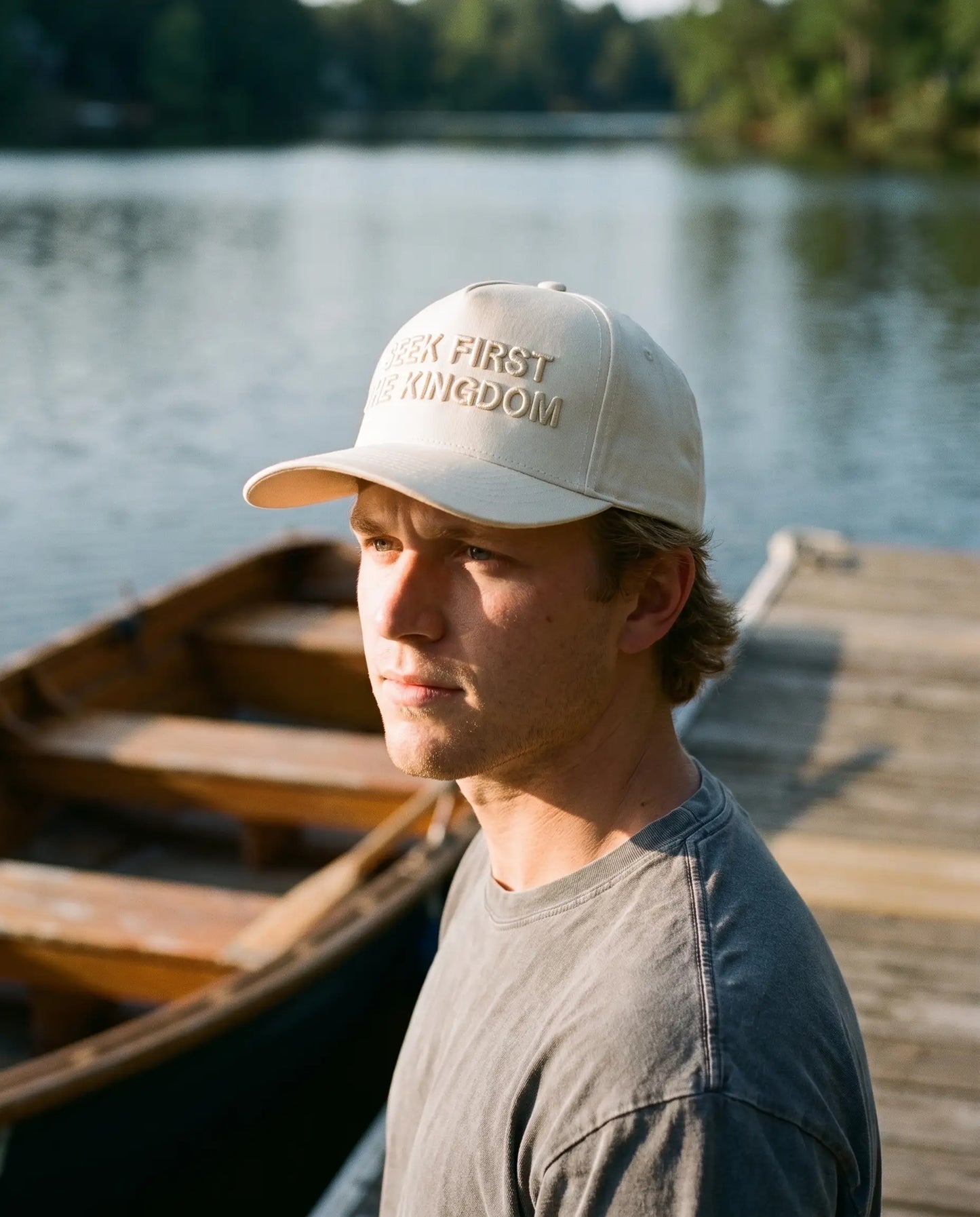 Model wearing the Seek First The Kingdom Hat, Cream