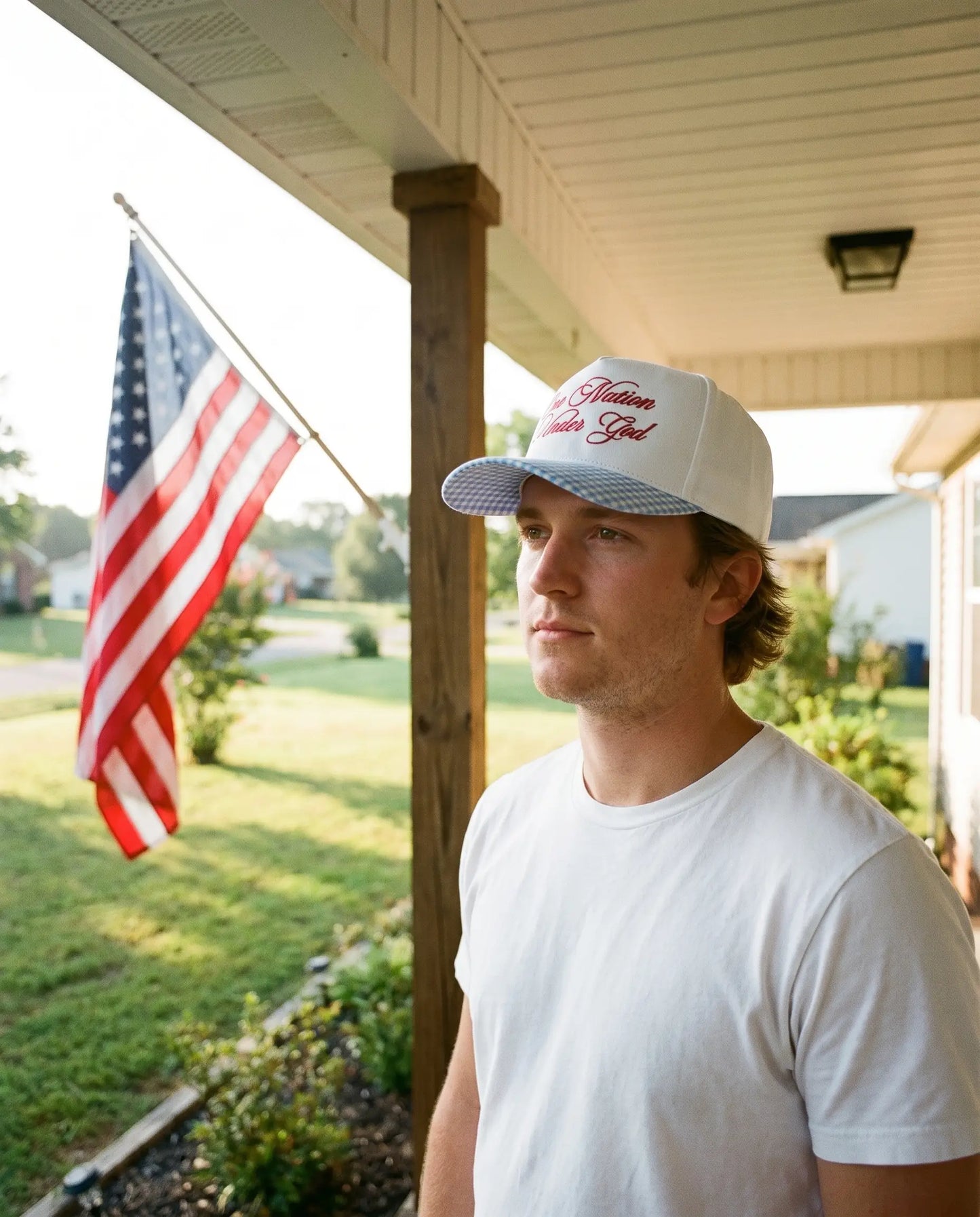 Model wearing the One Nation Under God Hat, Script