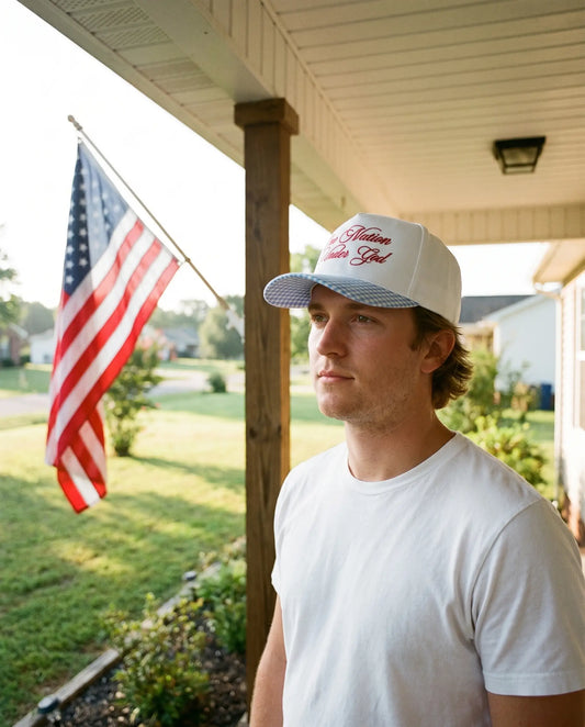 Model wearing the One Nation Under God Hat, Script