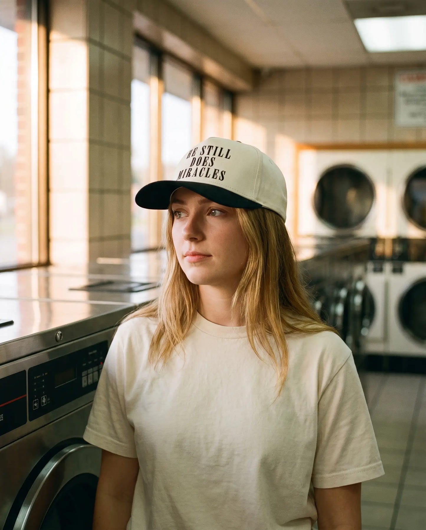 Model wearing the He Still Does Miracles Hat, Black